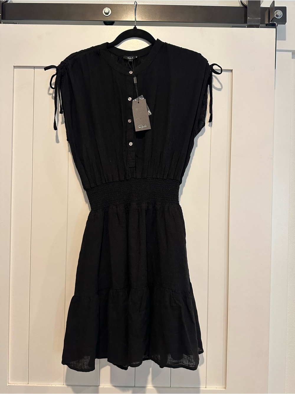 Rails NWT Black Samina Linen-Blend Smocked-Waist Mini Dress